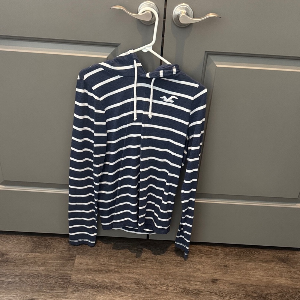 Hollister Navy and White Striped Hooded Pullover